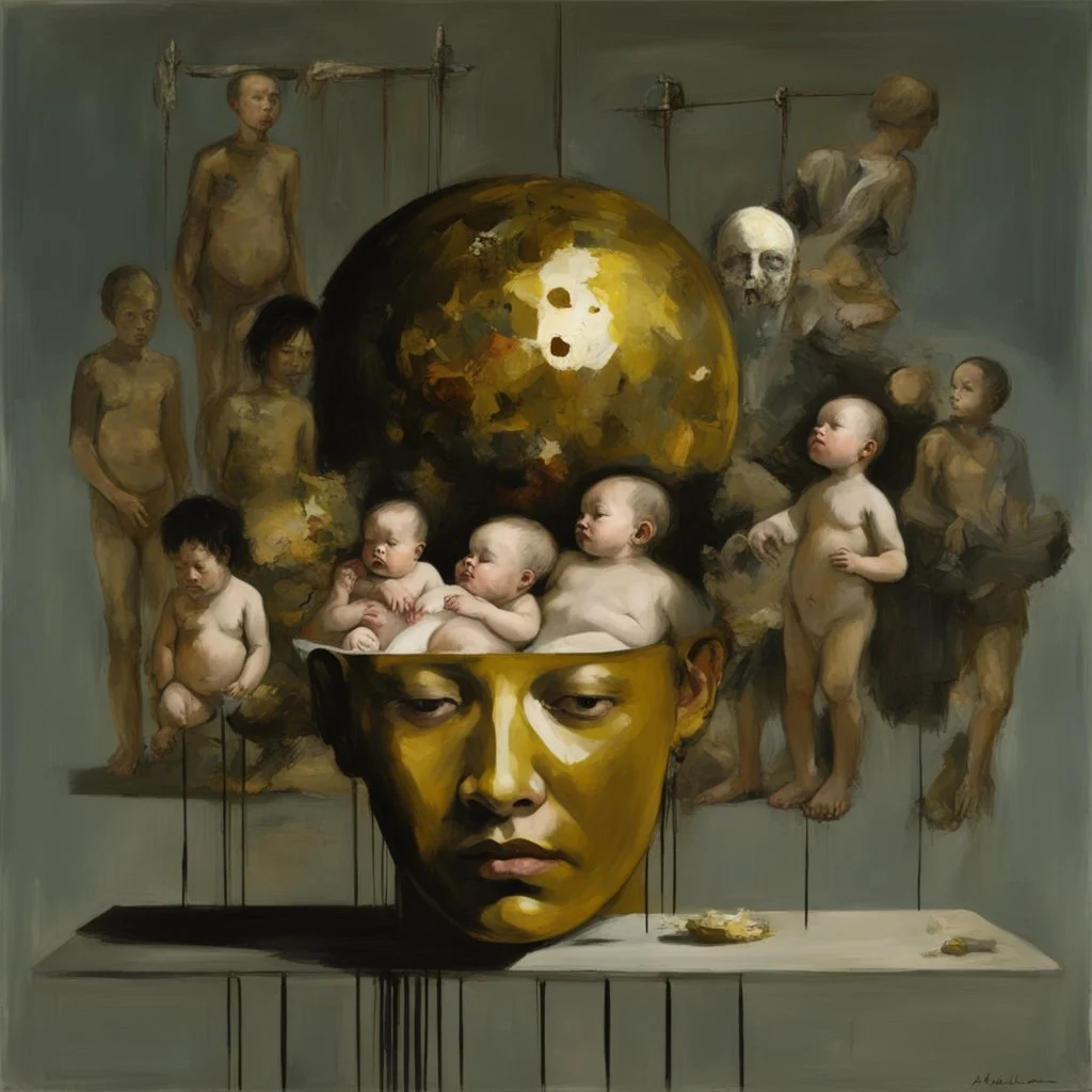 a huge golden brain supported by very small beautiful Asian female human bodies, complex surgical instruments mix a newborn boy between light and shadow, surrealism, symbolism, minimalism, sculpture by Adrian Ghenie, Lucian Freud, Rene Magritte, Salvador Dali