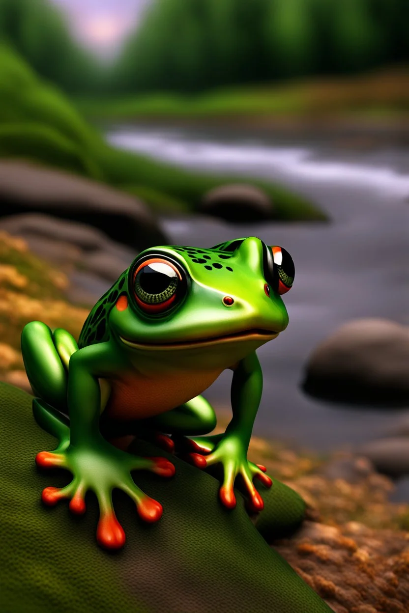 Create a captivating, high-resolution image of a leapfrog on a riverbank. The frog should appear almost hypnotic, with a gaze that directly engages the viewer as if it's looking into the camera. The artwork must be rendered in an 8k ultra-detailed cartoon style, showcasing vibrant colors and intricate details that bring the character to life