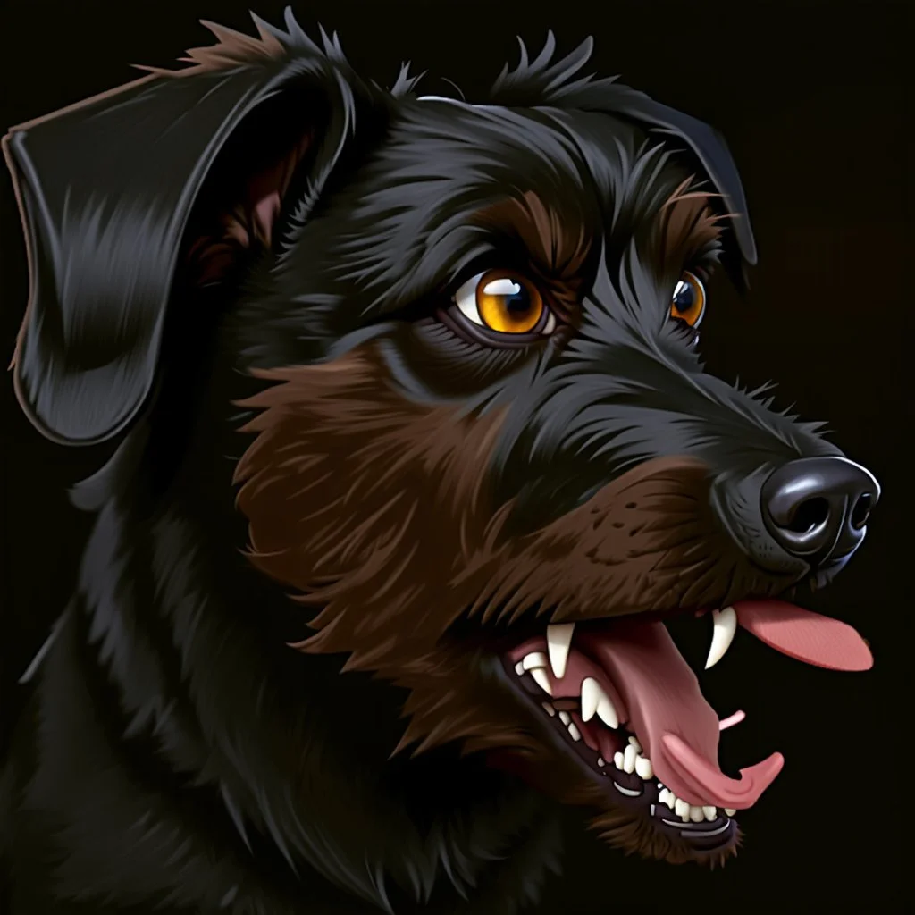 illustration of an angry scruffy black terrier on black background, yellow eyes