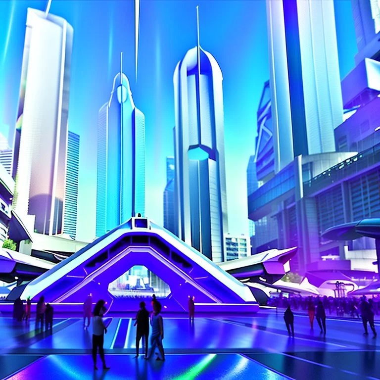 A group of people gather in a futuristic plaza, surrounded by towering skyscrapers and holographic advertisements. The plaza is filled with blue and purple light, and flying vehicles can be seen in the background. Digital art