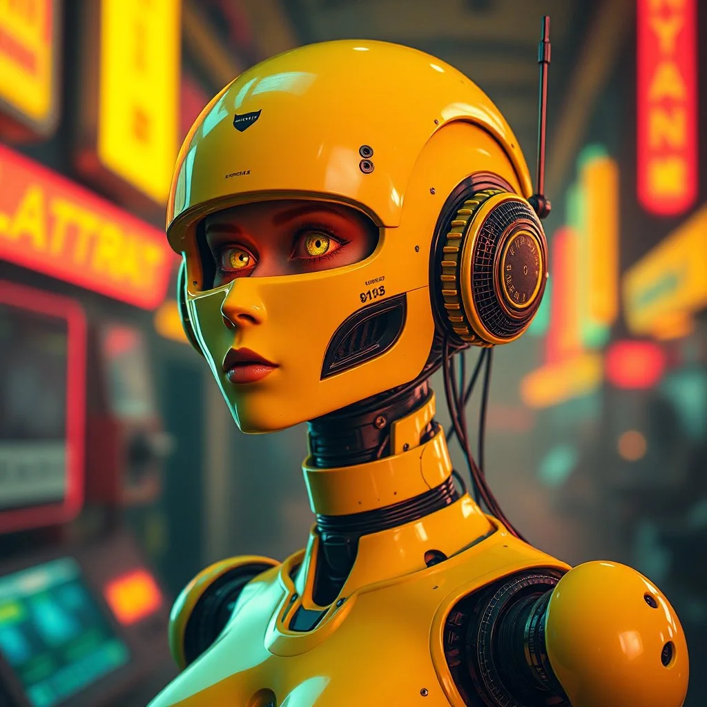 a feminine android robot, yellow, dystopia, cyberpunk, neon, obsolete