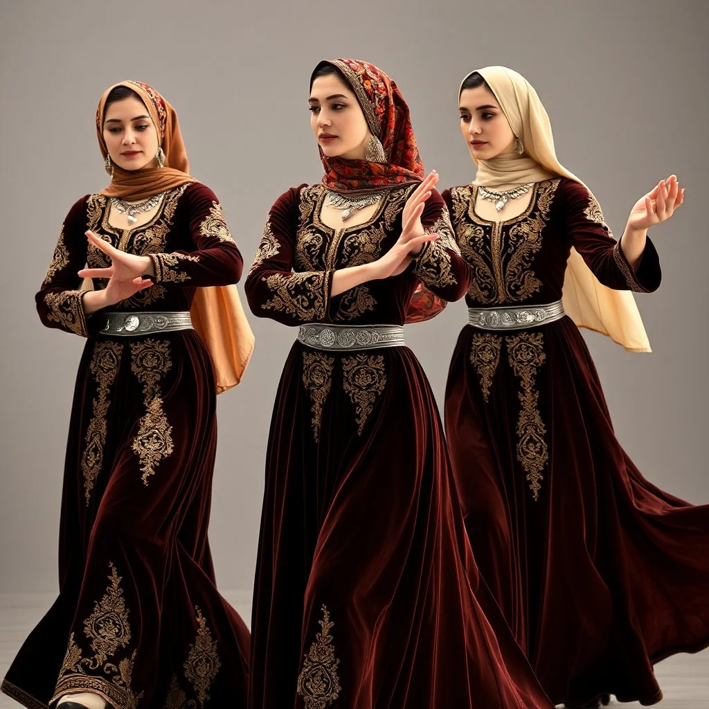 women in elegant, long, flowing dresses (possibly Azeri don or similar styled), made from rich fabrics like velvet or silk, adorned with intricate gold or silver embroidery, particularly on the bodice and sleeves. They wear delicate, often colorful headscarves (kelaghayi) covering their hair, and traditional Azerbaijani jewelry (layered necklaces, large earrings, intricate silver belts with coin motifs). Their movements are graceful, fluid, and expressive, with elegant arm gestures and gentle, s