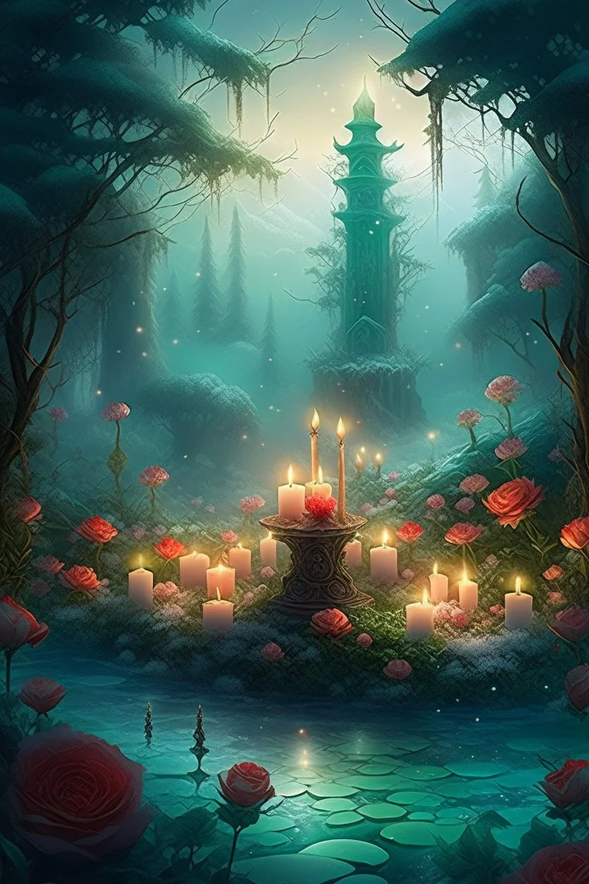 CANDLES ARE BURNING IN A WONDERFUL CLEARING IN A MAGICAL FOREST, THE NIGHT IS FULL MOON, SNOW, MAGIC Watercolor, double Chinese rose bush, ultra-detailed, morning, rain, greenery, beautiful landscape, fog, many details, delicate sensuality, realistic, high quality, 3d, work of art, hyperdetalization, filigree, foggy haze background, hyperrealism, professional, transparent, delicate pastel tones, back lighting, contrast, fantastic, unreal, translucent, glowing, clear lines, epic fabulous, fab