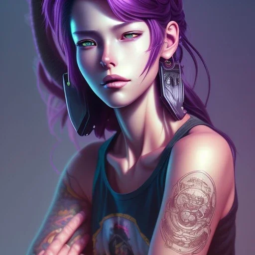 revy black lagoon, purple hair, black tank top, jean shorts, tribal sleeve left arm, portrait shinkai makoto, studio ghibli, studio key, madhouse anime studio, artgerm, lau rossdraws james jean marc simonetti pixiv