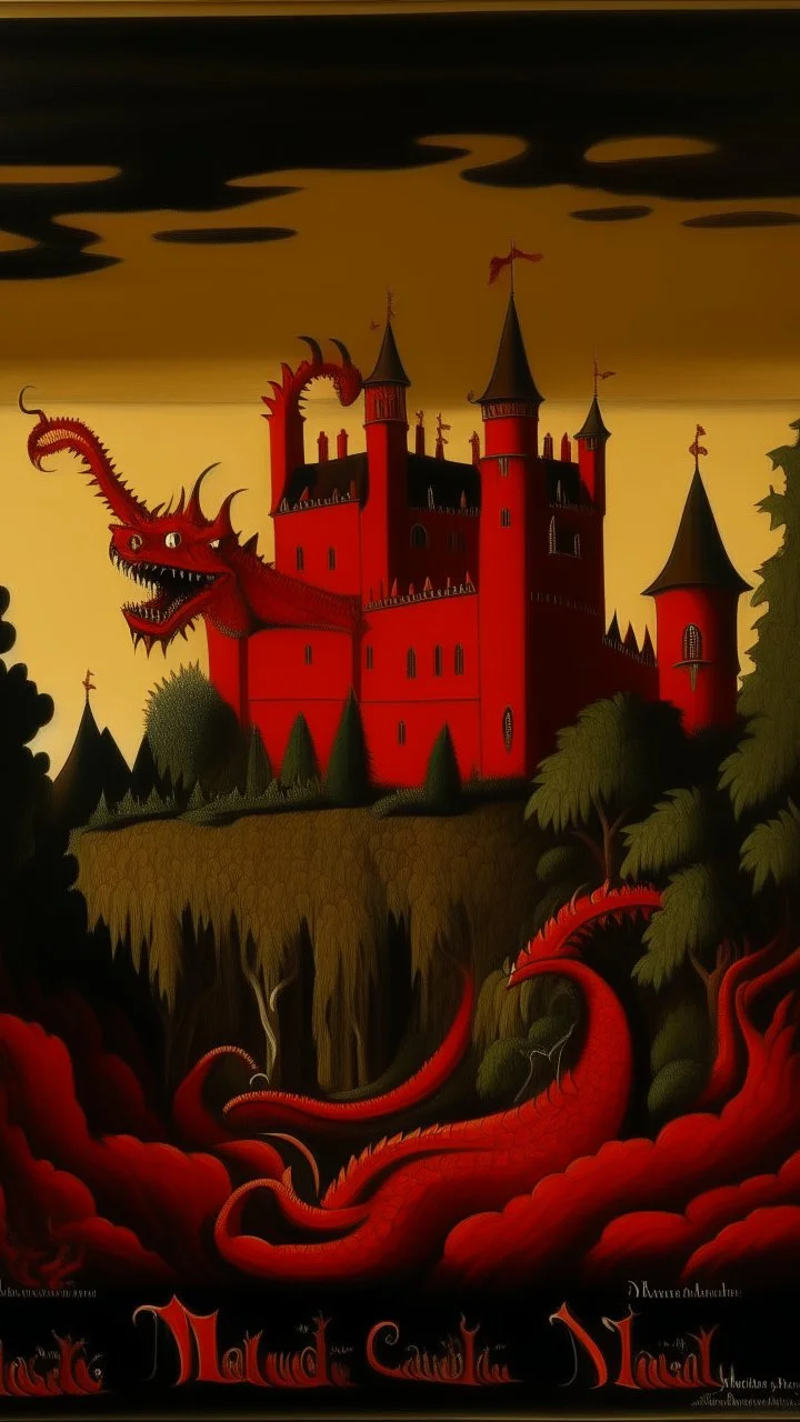 A dark red castle with a fiery dragon painted by Henri Rousseau