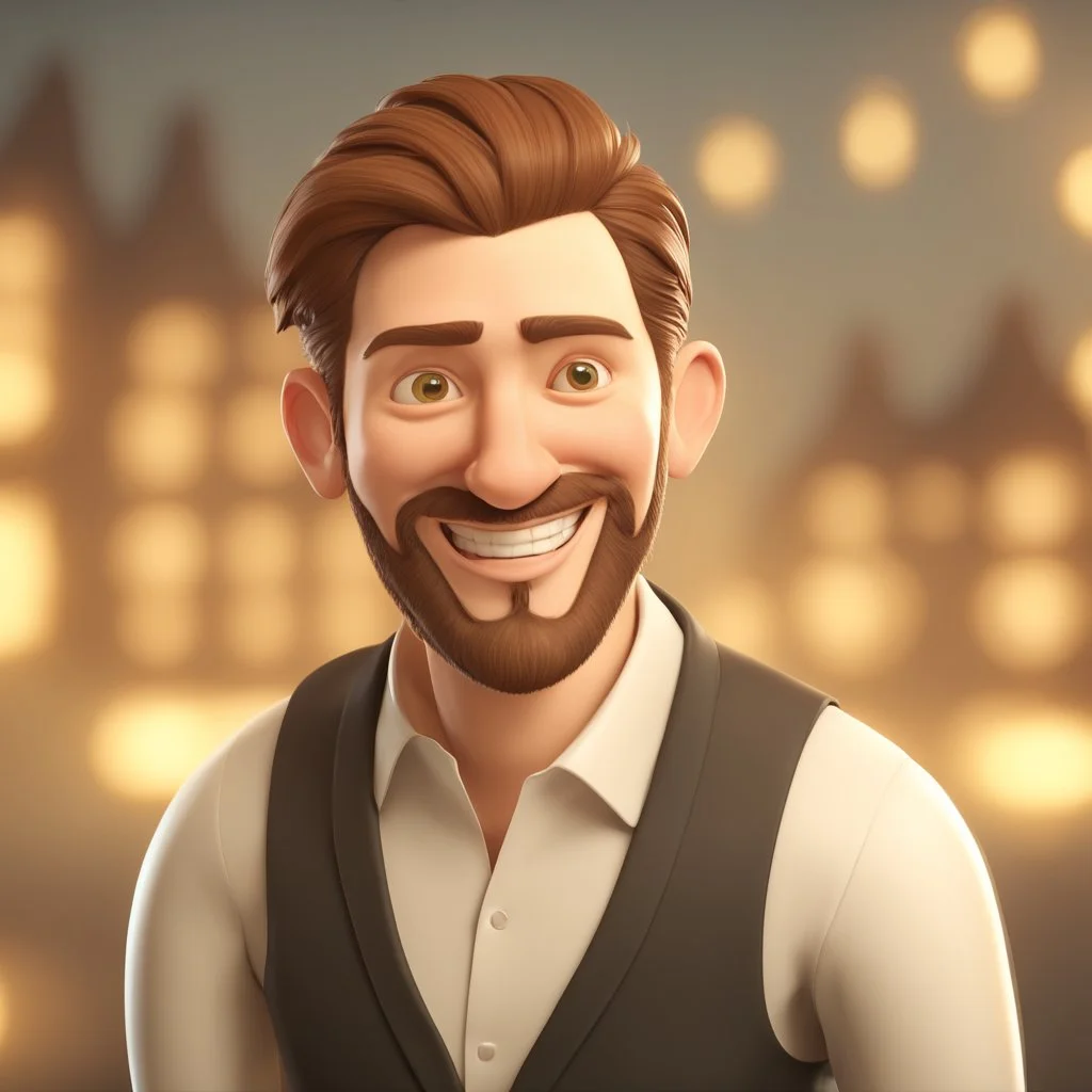 a portrait of smiling man. handsome dutch man. caricature. undercut hair. fair skin. oblong face shape. 3/4 view. has thin beard. black formal shirt. pixar style. 3D. 4k. portrait. highly detailed. sharp focus. high resolution. full color. cinema lighting