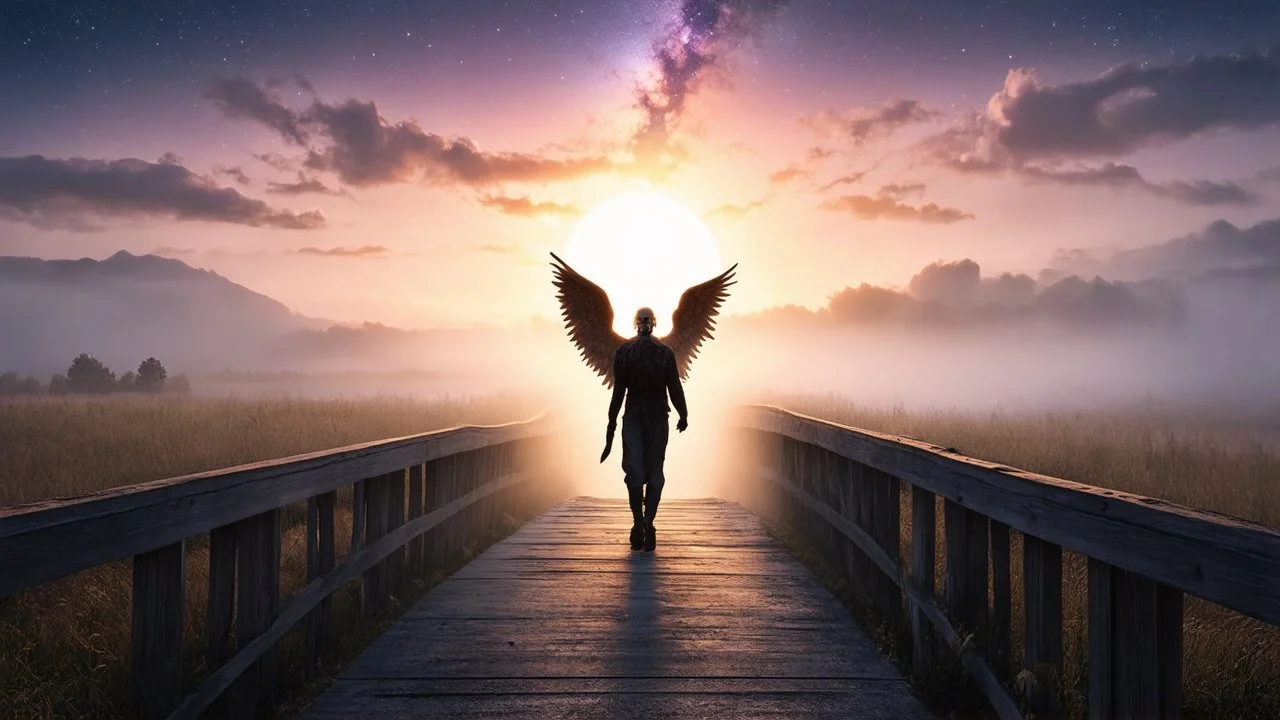 walking straight ahead over a wooden bridge, holding the angel of death with your right hand, entering the fog at the end of the road that leads to the afterlife, and a beautiful sunset and galaxy's behind the fog, realistic