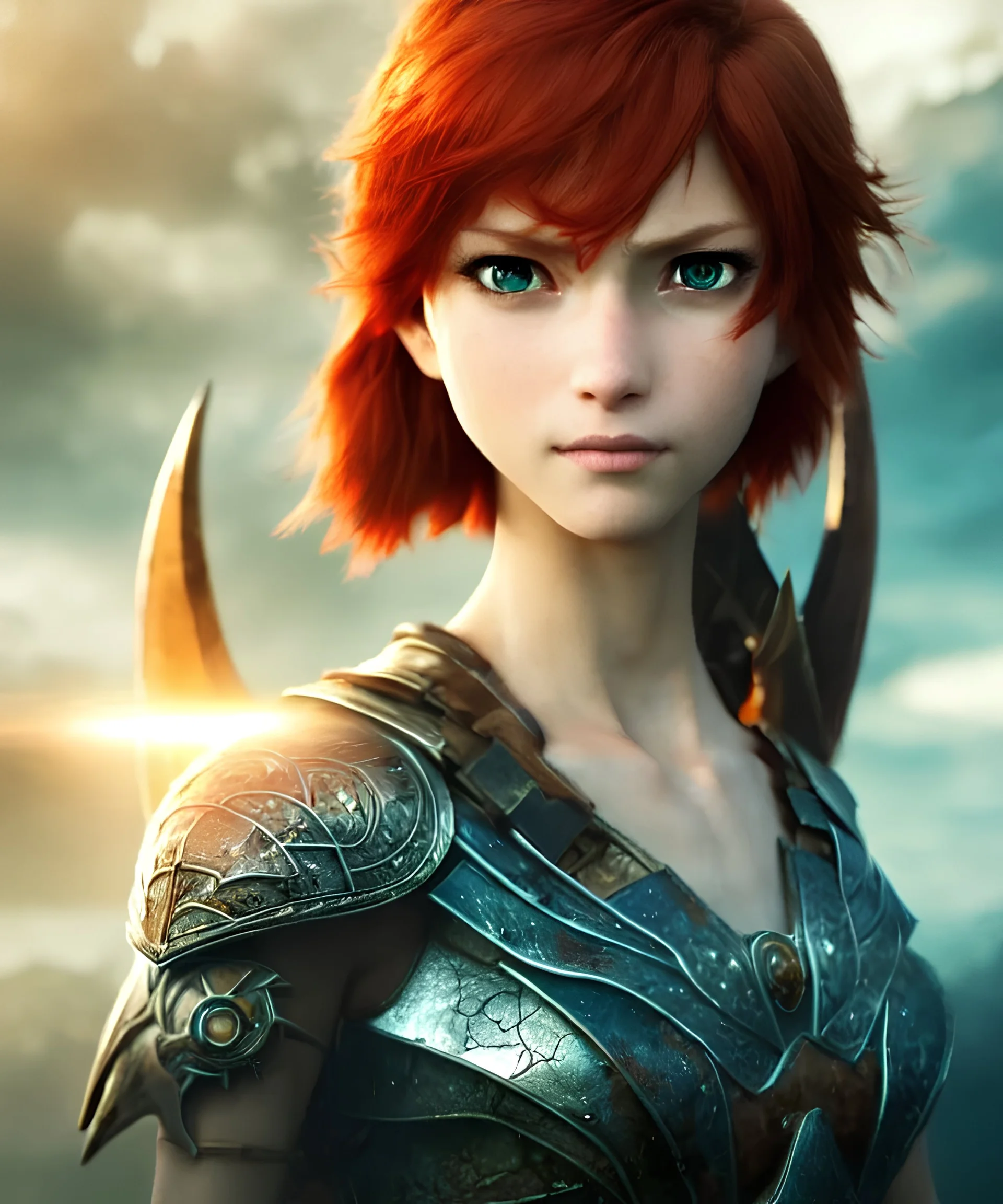 portrait, beautiful stunning warrior lady and goddess, babycore red short hair, ice eyes, fantasy atmosphere, styled by Corrado Vanelli, Norman Rockwell, Boris Vallejo super detailed, Studio Ghibli, Anime Key Visual, by Makoto Shinkai, Deep Color, Intricate, 8k resolution concept art, Natural Lighting, Beautiful Composition