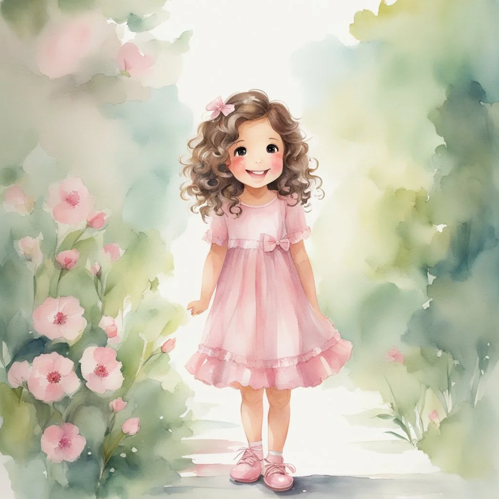 watercolor, full body, cute smile girl, curly hair, big eyes, long brown hair, pink dress, pink shoes, white backgrownd