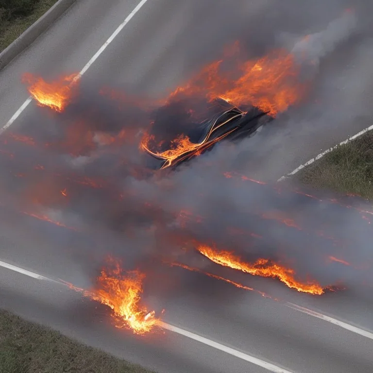 car with flames speeding on highway