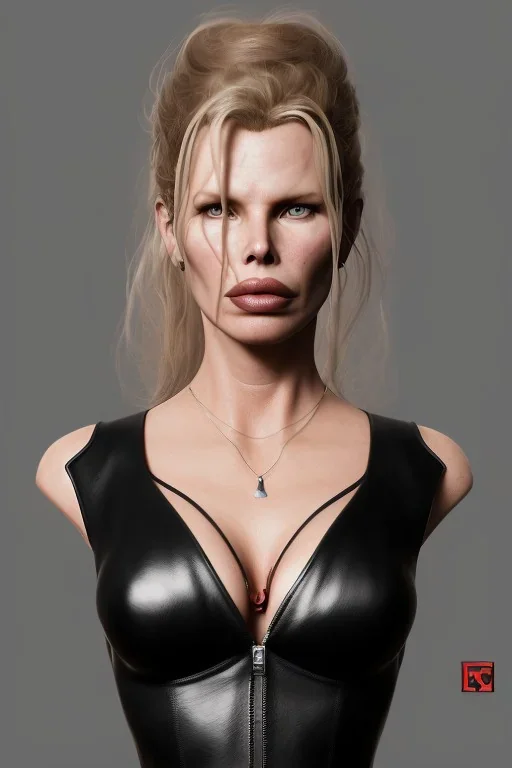 Kim Basinger in black leather gown, evil,energetic, villain, busty, cleavage, curvy, angry, happy, stern look. character design by cory loftis, fenghua zhong, ryohei hase, ismail inceoglu and ruan jia. unreal engine 5, artistic lighting, highly detailed, photorealistic, fantasy