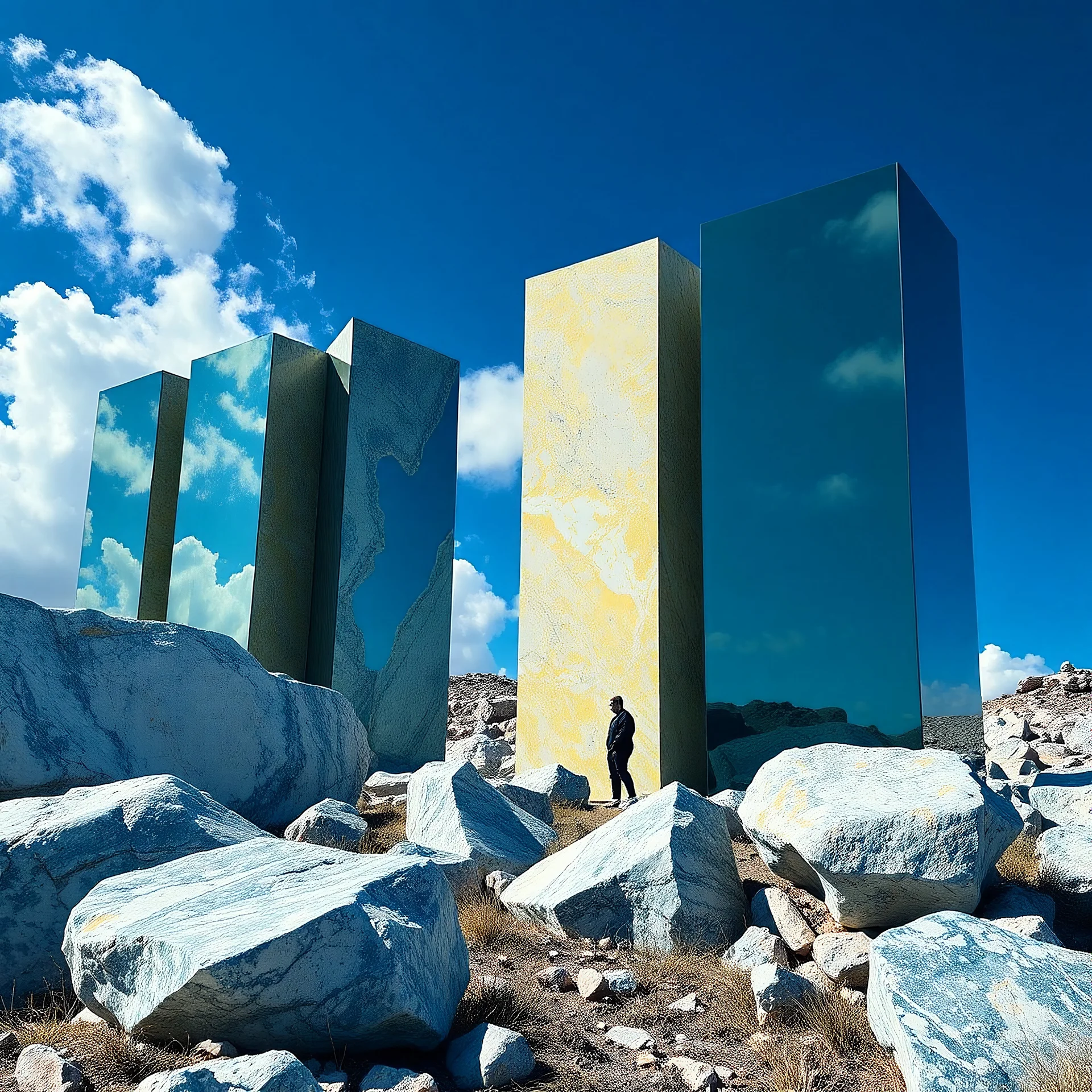 Un'immagine di un paesaggio naturale con marmi blu e giallo zucchero bianchi, imponenti, accanto a strutture artificiali verticali. Questi blocchi rettangolari di vetro riflettente, che creano un contrasto tra il naturale e l'artificiale. Cielo blu intenso.. Persona osserva. La scena trasmette un senso di dialogo tra elementi organici. Dettagli degli specchi e delle rocce molto accentuati. Nuvole