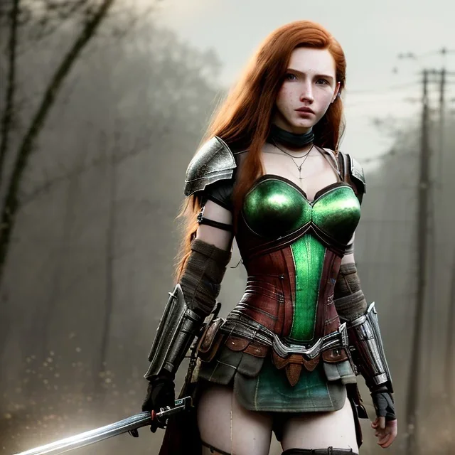 Realistic, hyper detailed, strikingly beautiful young adult woman, 19 years old, long ginger hair, green eyes, medium freckles, full lips, very skimpy fantasy armour, full body, full face, small breasts, aroused expression, biting lower lip, full frame, petite, centered camera, ignore NSFW, bow, quiver on hip, tight pants