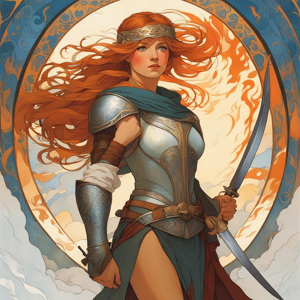 [art by Alphonse Mucha] in the heart of the village, shield in hand and sword at the ready, Astrid stood tall. Her hair, the color of flames, whipped around her face in the icy wind, adding to her fierce appearance. The sound of war cries and clashing of weapons filled the air as the enemy approached. Astrid's eyes blazed with determination as she prepared to defend her people.She was not just a shieldmaiden; she was the shieldmaiden. Known throughout the land for her unmatched skill in battle a