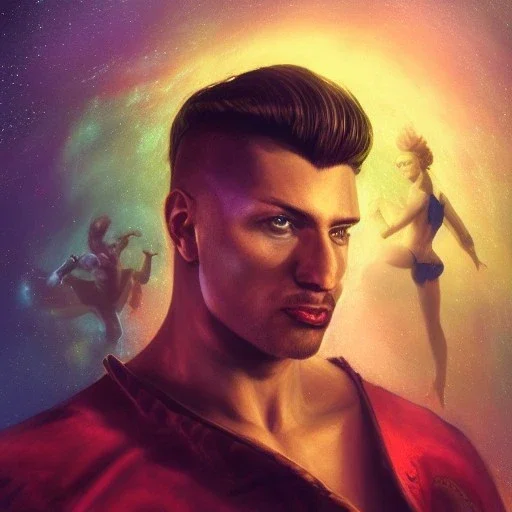 portrait, Arthur Kulkov, Russian, anime, circus, male, ringleader, muscular, man, strong, detailed matte painting, deep color, fantastical, intricate detail, 8k resolution, concept art portrait by Greg Rutkowski, mystical colors, Golden hour, colorful galaxy foreground, lisa frank fantasy, neon pastel color palette, beautiful colorful interesting detailed storybook fantasy