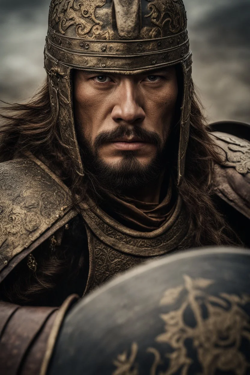 Close-up of a warrior the 1200s and a Mongol warriors portrait , strong athletic build, cinematographic photo