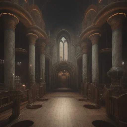 on old church interior full with people, scary, steam punk, realistic, made in octane, cinematic, ultra-realistic, extremely detailed octane rendering, 8K, VRAY Super Real ar 2:3, dof photorealistic futuristic 50mm lens hard lighting dark gray tintype photograph, realistic lighting, sepia color