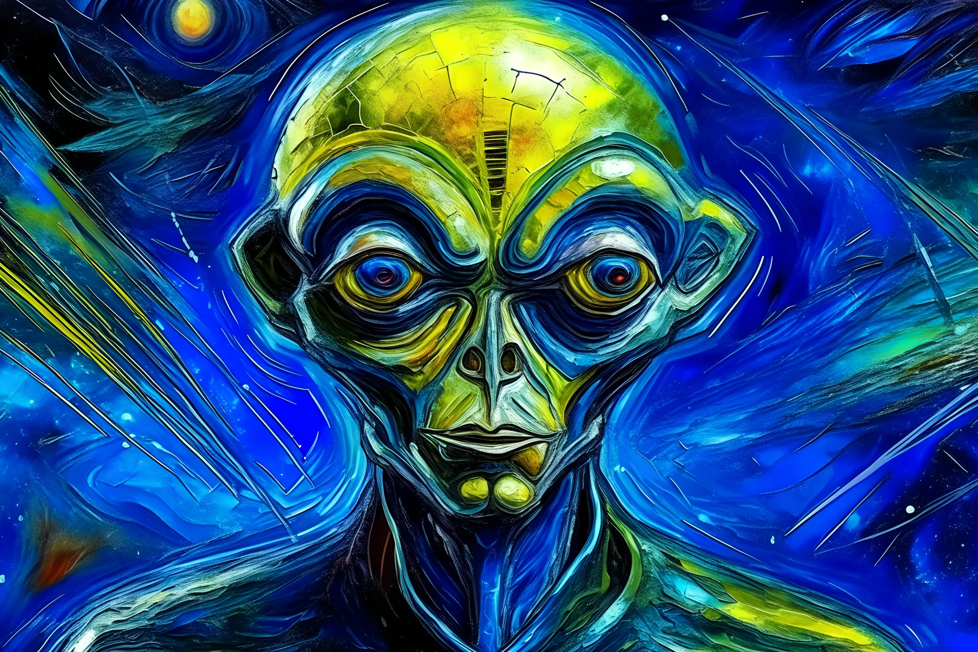 piloting an unidentified flying object (UFO) portrait of a benevolent alien from distant planet in deep outer space otherworldly intergalactic texture of the brushstrokes visible in surface of paint. portrait by Van Gogh