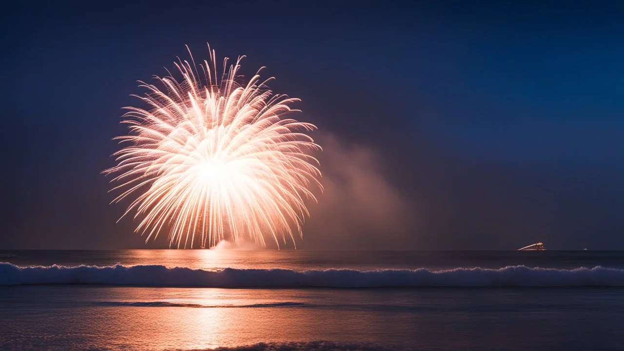 firework on the ocean, at nightfall in capbreton, la piste: a good swell, nice waves