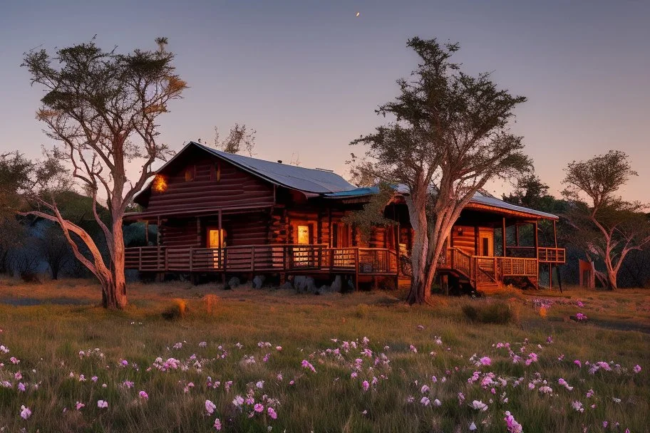 Dry trees, night, full moon, cabin, yard with flowers, fence, photo hd