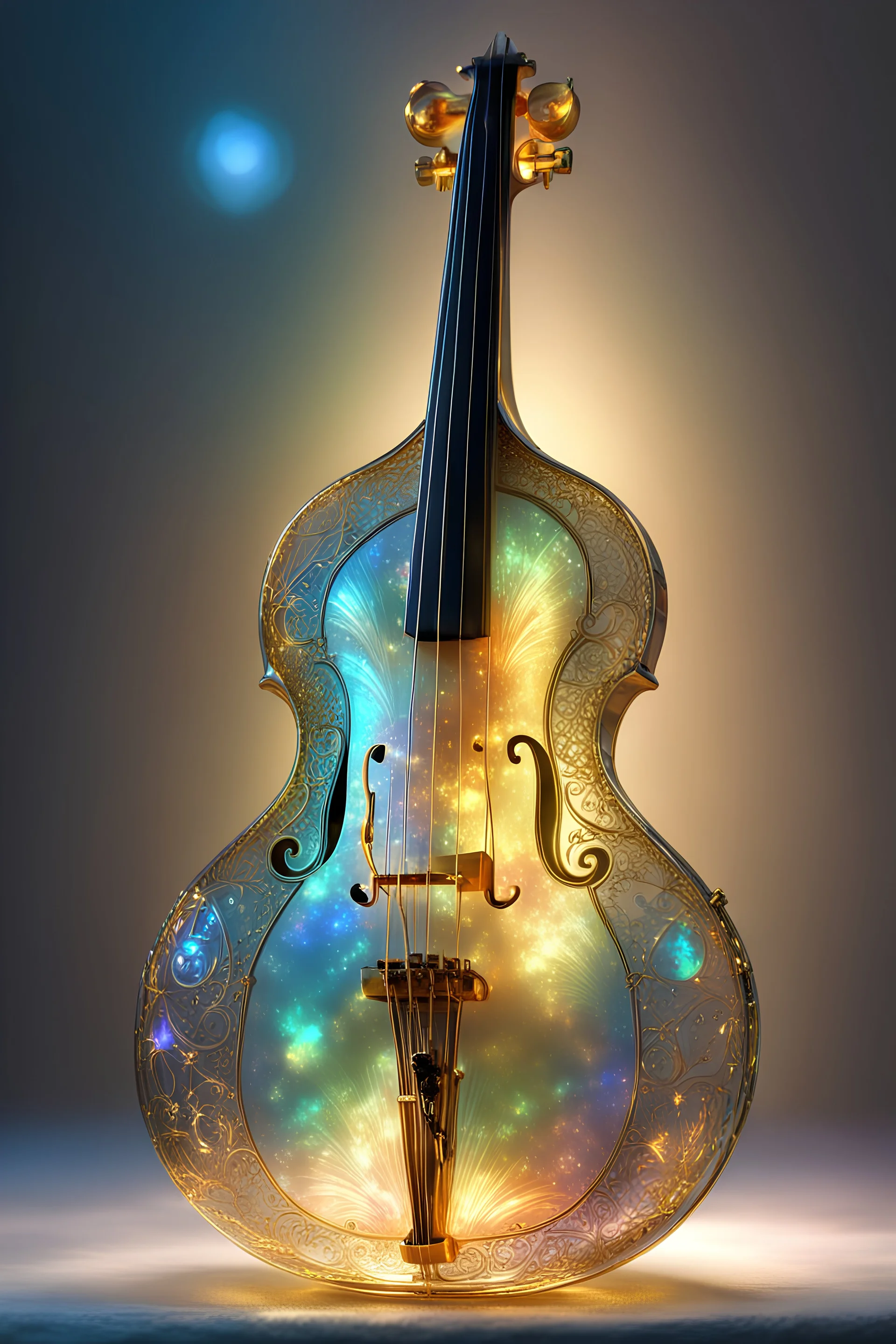 extremely delicate iridescent cello made of glass, sitting, video game style, translucent, tiny golden accents, beautifully and intricately detailed, ethereal glow, whimsical, art by Mschiffer, best quality, glass art, magical holographic glow\\n, Broken Glass effect, no background, stunning