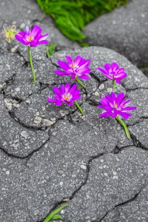 small beautiful flowers grow out of cracks in the grey stones and rocks