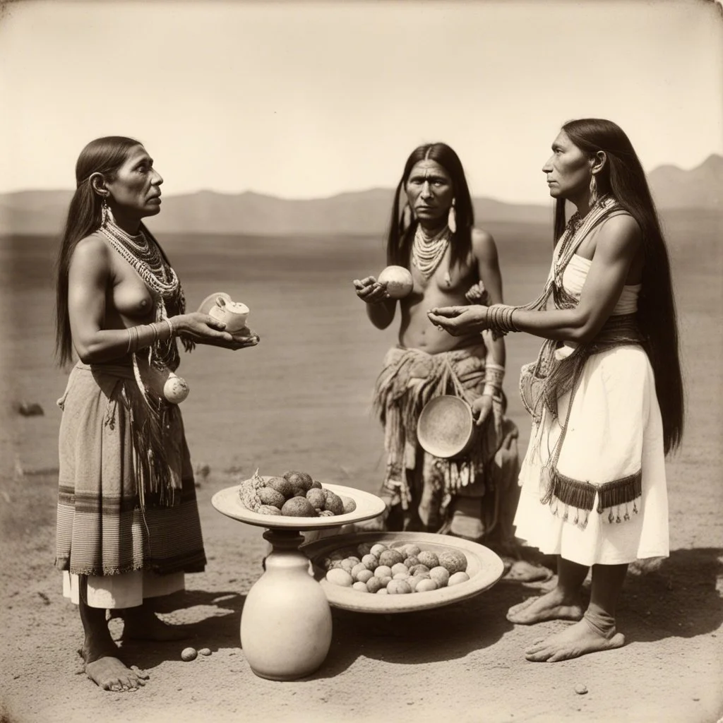 American Indian women offering some alien beings some food and water c.1880's