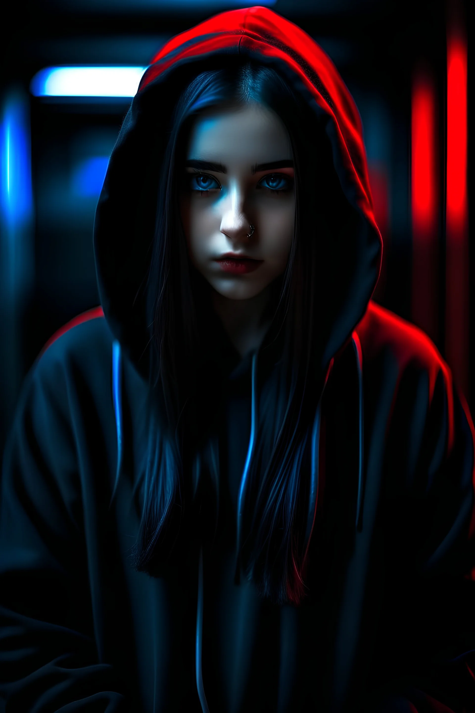 Black hair, long hair, girl, black hoodie, long pants, blue eyes, depressed look, darkened eyes, sadness, red smile pattern on hoodie, full length, 4k