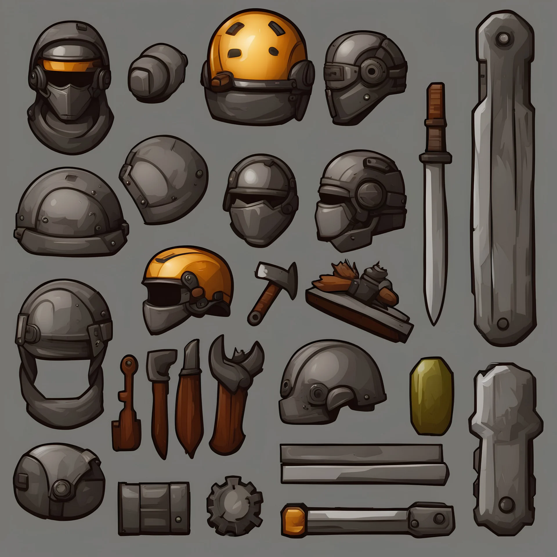 Sprite sheet, tools, gear, helmet, icons, survival game, gray background, comic book,