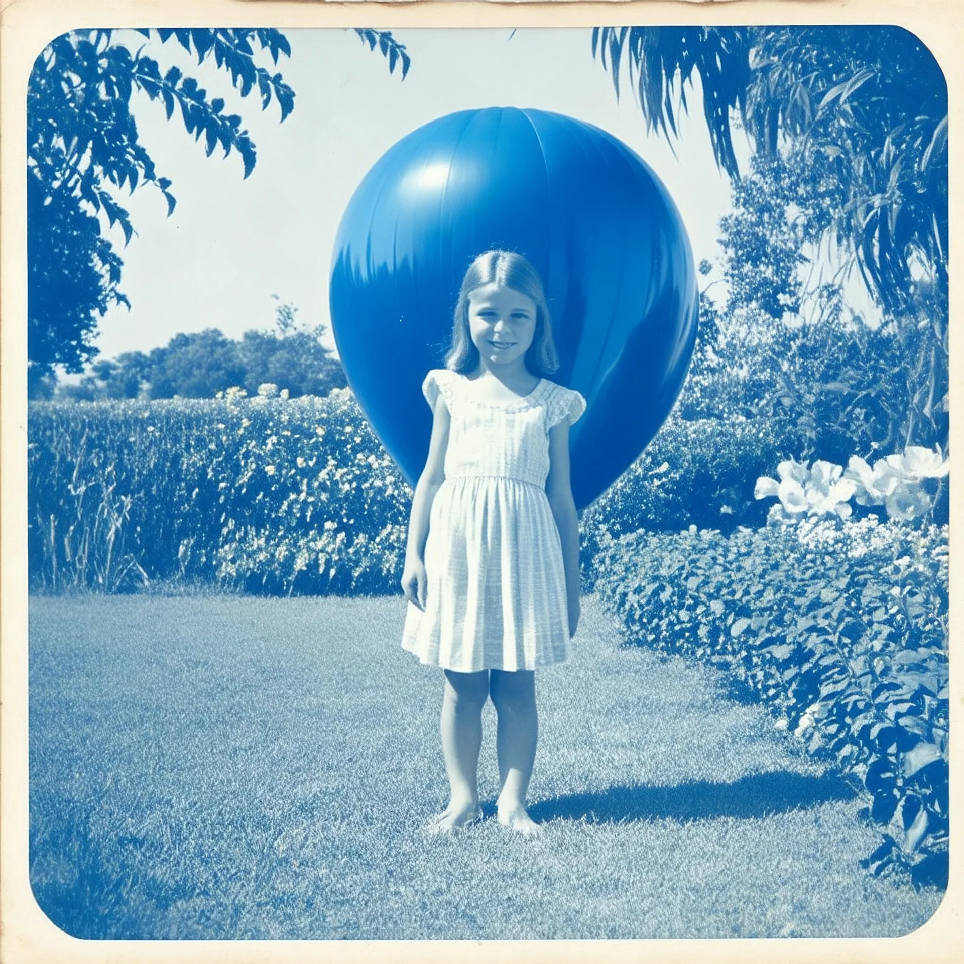 An old autochtome of a girl in a garden, a beach balloon,, Klein blue color