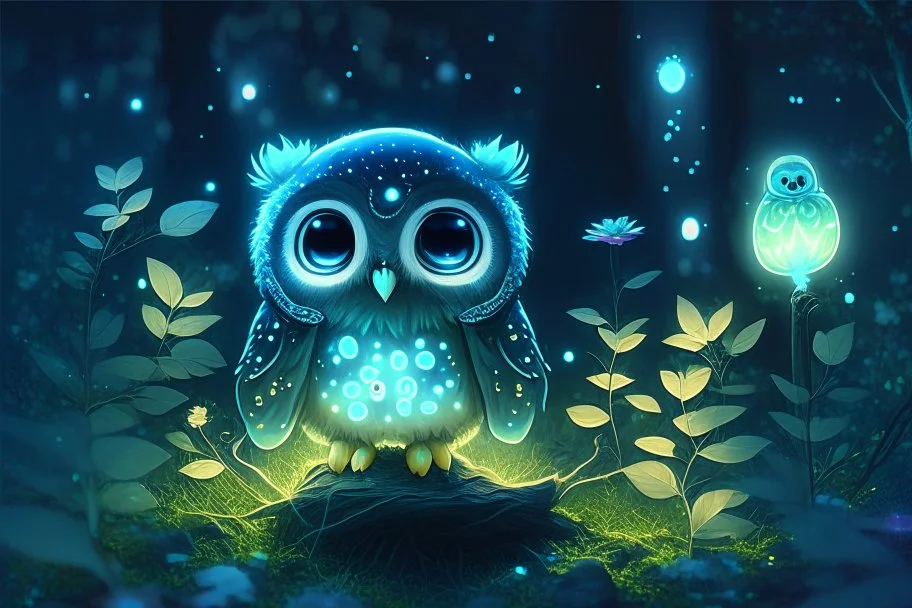 cute chibi bioluminescent owl in a forest at night in starshine, lightning moonflowers