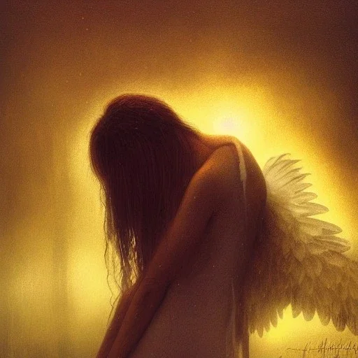 Angel's Suicide, the last attempt, short sunrise moment, everything breaks into small pieces, end of all things, bokeh, timeless eternity, complementary colors, Depicted in an Eerie oppressive feeling by Greg Rutkowski, James Earley, Mark Metcalfe, Darek Zabrocki, Gilles Beloeil, Neil Blevins, Anne Stokes, surrealist style, fine art, fine brush strokes, detail oriented, over detail, scary, oppressive, a masterpiece, old work of art, oil on canvas, perfect composition, Art of Illusion 3D shading