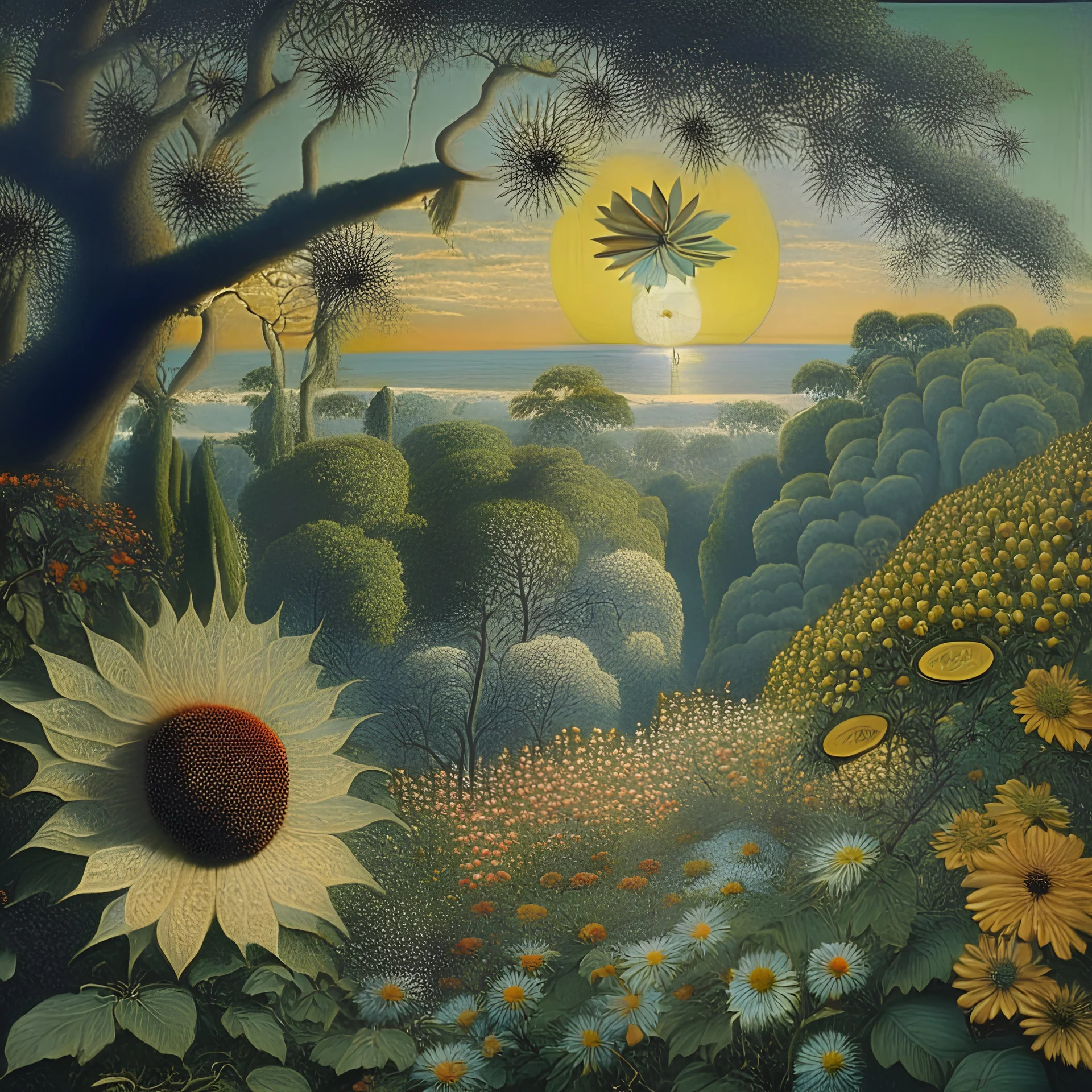 High definition photography of a marvelous landscape, trees, flowers, sun, intricate, atmosphere of a Max Ernst painting, Henri Rousseau, thoughtful, interesting, a bit appalling