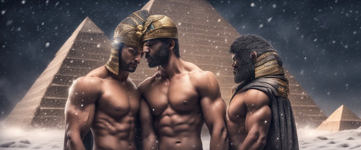 Hyper realistic shirtless muscular handsome male pharaohs hugging & a pyramid behind at snowfall night