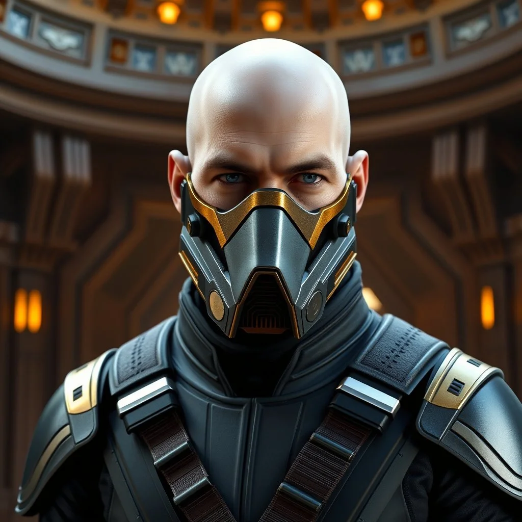 star wars bald male corellian jedi wearing gunmetal grey and black old republic armored flightsuit and breath mask with gold and metallic red trim inside the jedi temple, centered head and shoulders portrait, hyperdetailed, dynamic lighting, hyperdetailed background, 8k resolution, volumetric lighting, light skin, fully symmetric details