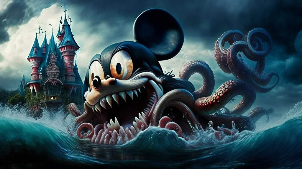 kraken octopus mickey mouse hybrid, photorealism, horror, evil, hungry, high resolution, attacking the happiest place on earth