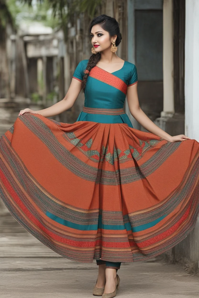 Aesthetic, 3D, Digitized, Hyper realistic, Surreal, Mesmeric, "Assamese Ethnic Tribal / Traditional Woven Women Attire" & Textile (Handloom) Industry themed Mekhela Chador (The bottom half of this distinct dress is called the 'Mekhela ', a round fit used waist downwards over a petticoat) designs, **Featured Designs:** A graceful dancer who uses the flowing lines of the Mekhela Sador to accentuate her movements, captivating audiences with her mesmerizing performances. **Appearance:** fictional fe