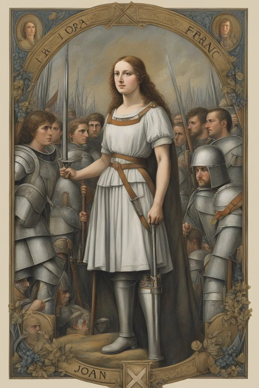 Portrait Art **Featured Art:** The Savior of France: A piece showing Joan leading an army, with the soldiers representing the labor force. Their faces could be made up of words or symbols representing labor rights and laws. **Appearance:** art ideas that encapsulate the essence of Joan of Arc (an French female / women patron saint of France, honored as a defender of the French nation for her role in the siege of Orléans and her insistence on the coronation of Charles VII of France during the Hun