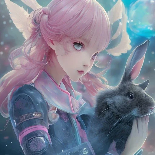 Detailed cute anime rabbit girl, pink hair buns, pink bangs, black latex bodysuit, intricate details, full body portrait, keep head in frame, slight smile, black Japanese motif, concept art, highly detailed, digital painting, concept art, sharp focus, illustration, art by Yoji Shinkawa, WLOP and greg rutkowski and alphonse mucha and artgerm and yanjun Chen and Junji ito and Makoto Shinkai, HDR, octane render