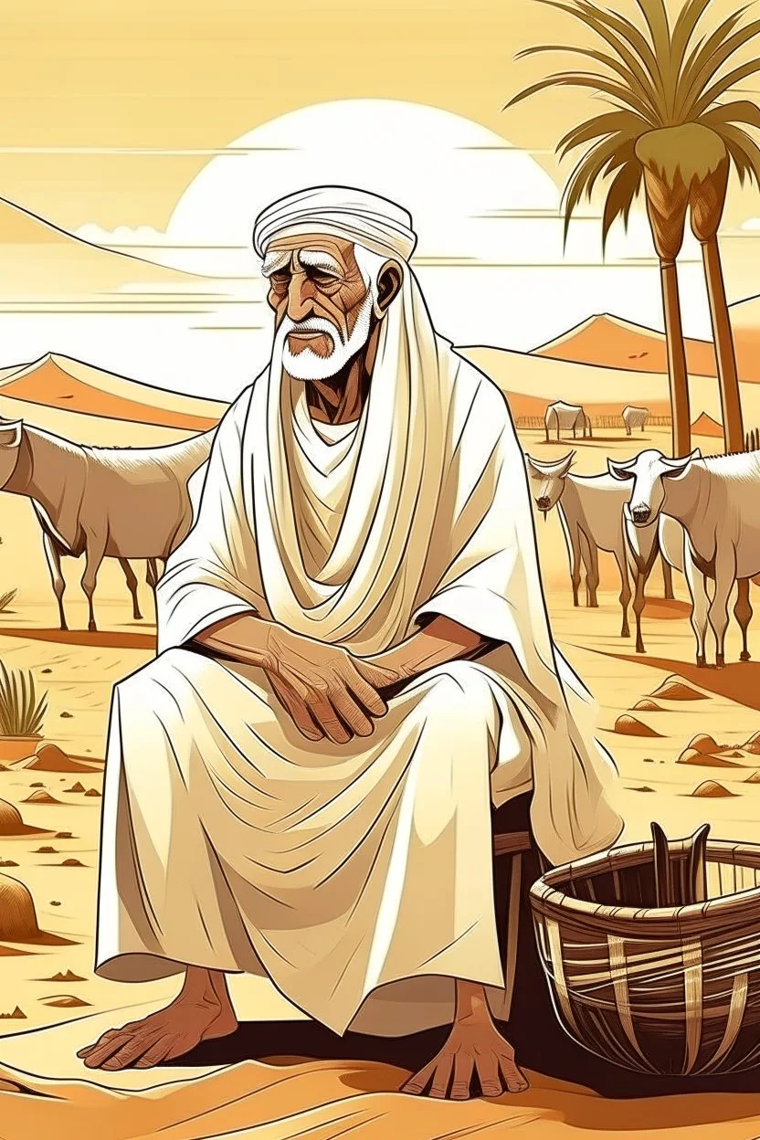 Old man, Arab, turban, white clothes, cattle, desert, council, sun, palm trees, mud houses, holding a stick, looking forward, a very slight smile.cartoon,Sitting on a chair,long beard