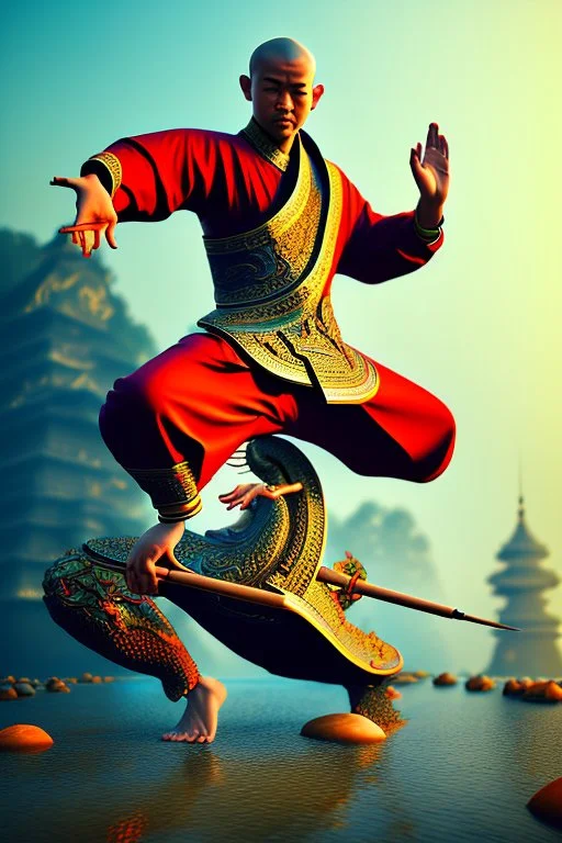 shaolin master ass kick vs yoga dragon, water, temple background, mist, trending on artstation, trippy, hi detail, game art, skies