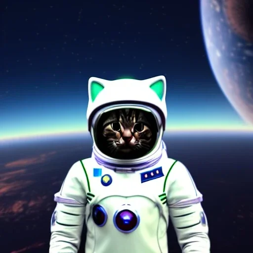 Cat wearing space suit, no helmet, standing in spaceship, earth in background, 8k, unreal engine 5,high res.