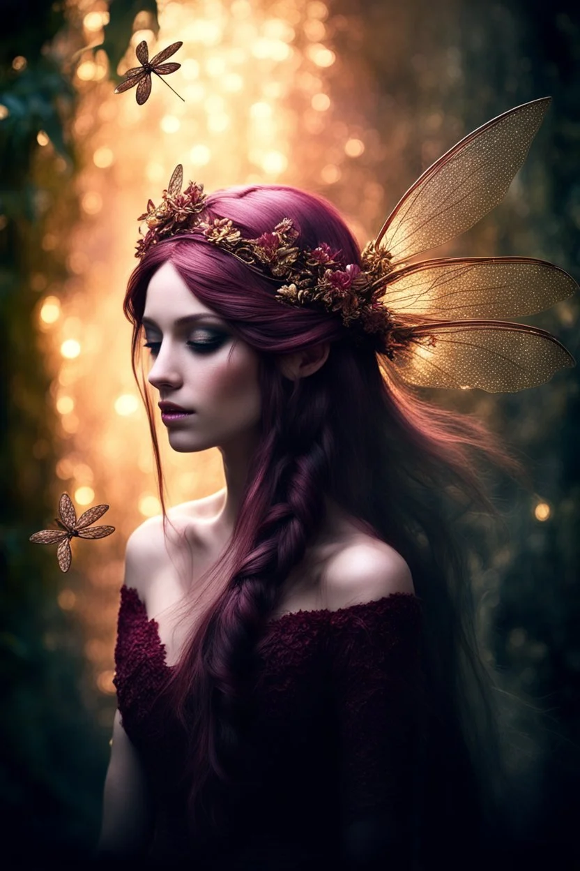 Burgundy dark red gold hair,very long hair, dark gold,gold,rapunzel hair,dark fairy princess,elven crown,dragonflies,fireflies,night,water lilies, orchids,jasmine flowers,glitter,sparkle,flowers,copper,bronze