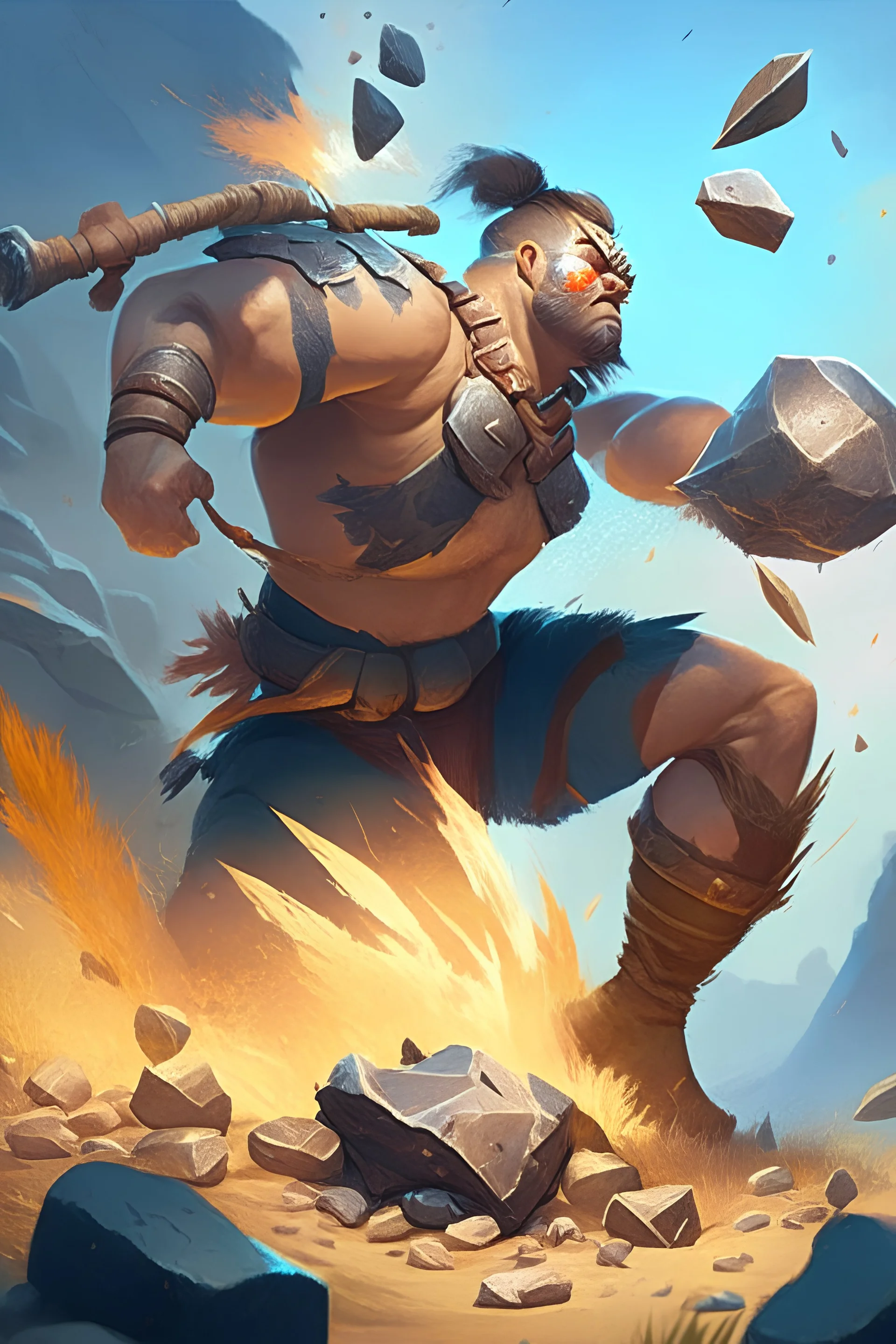 Create a piece of art showcasing your champion, Pelter, in the battle. Pelter is firing his slingshot, shooting pebbles all over the field