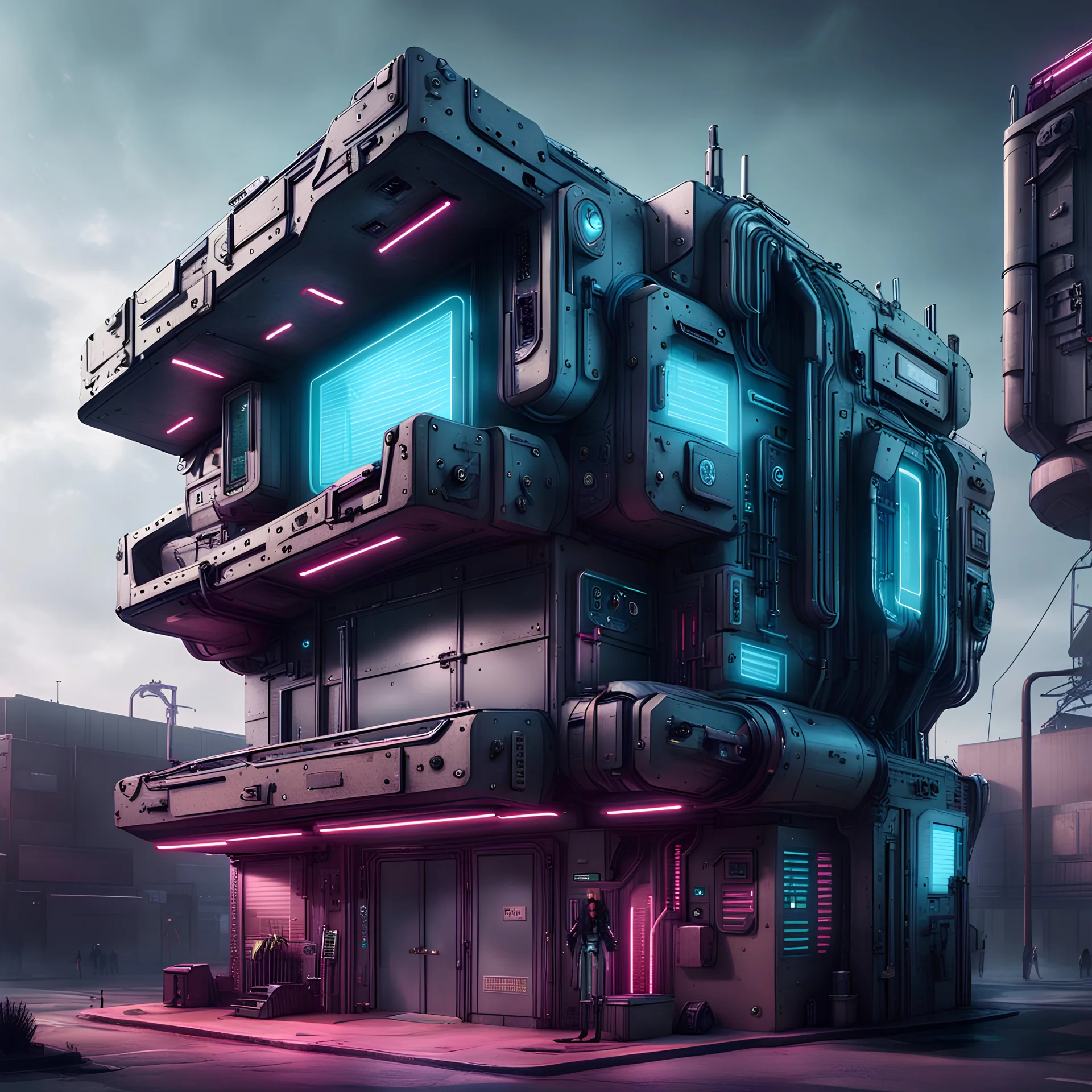 the outside of a rugged cyber school in the style of cyber punk