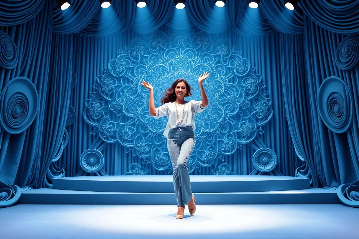 modern stage with gray-blue theme artistic decoration , color full dynamic lighting, a beautiful lady in pants and blouse with shining silver jewels dancing, 3D recursive fractal structure animating background