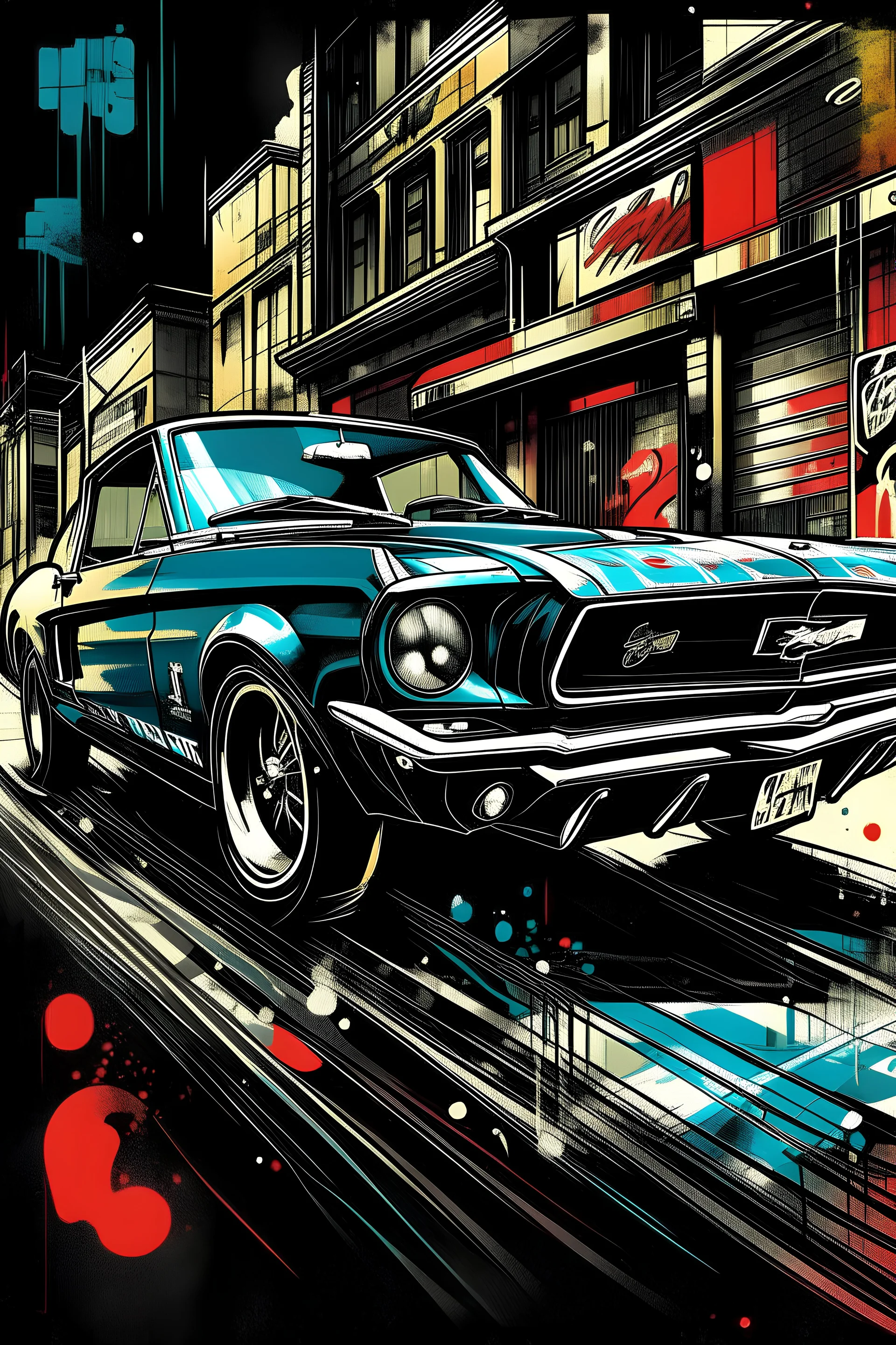 Black Mustang cruising through an ink-punk styled city, vintage stamp aesthetic, LLart illustration resembling a dynamic comic book panel, vibrant colors, sketched with tiny, intricate details, masterpiece aligning with ArtStation trends, sharp focus, bold high quality, vector style suitable for a t-shirt design, ultra-detailed, high resolution, horizontal, comic