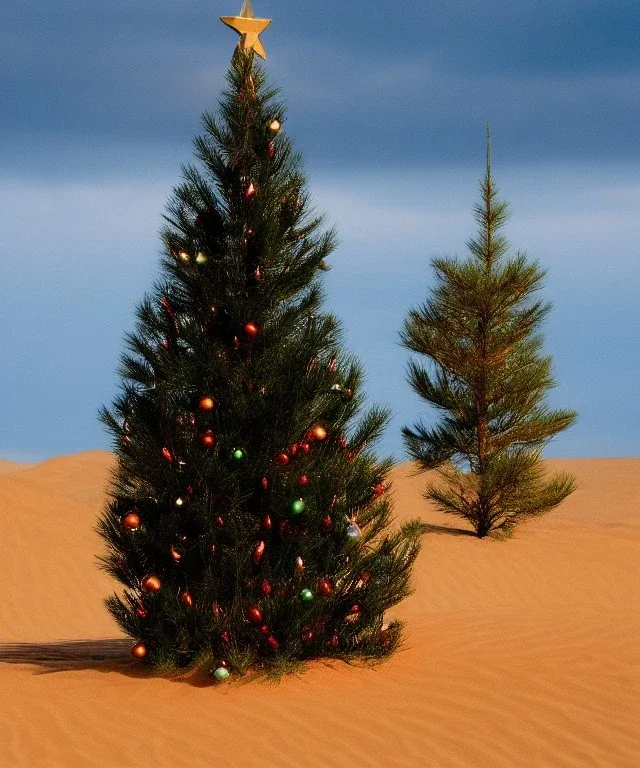 sandy festive Christmas tree in a vast desert with dunes