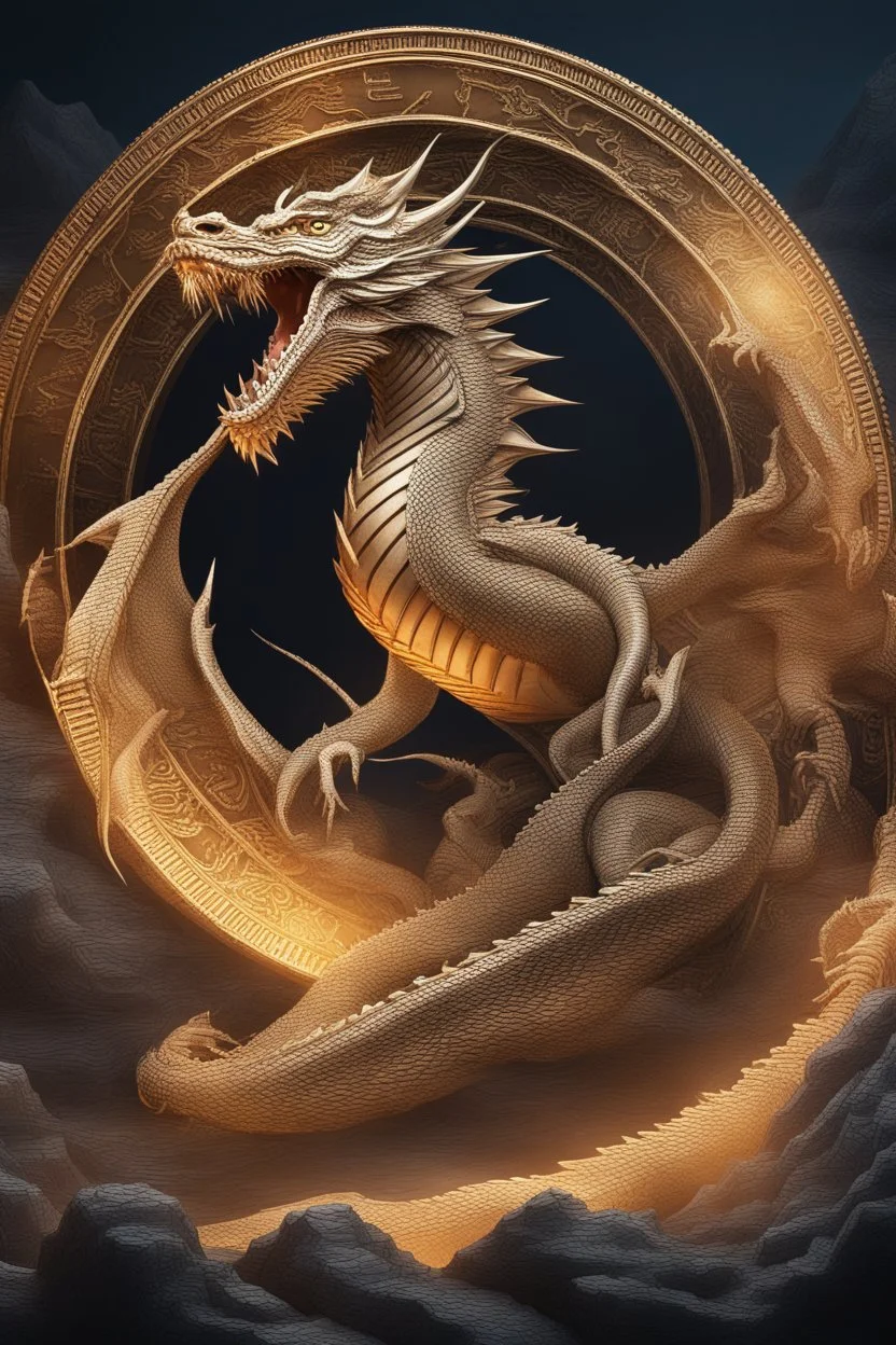 Bitcoin cryptocurrency stands in the middle and a dragon is around