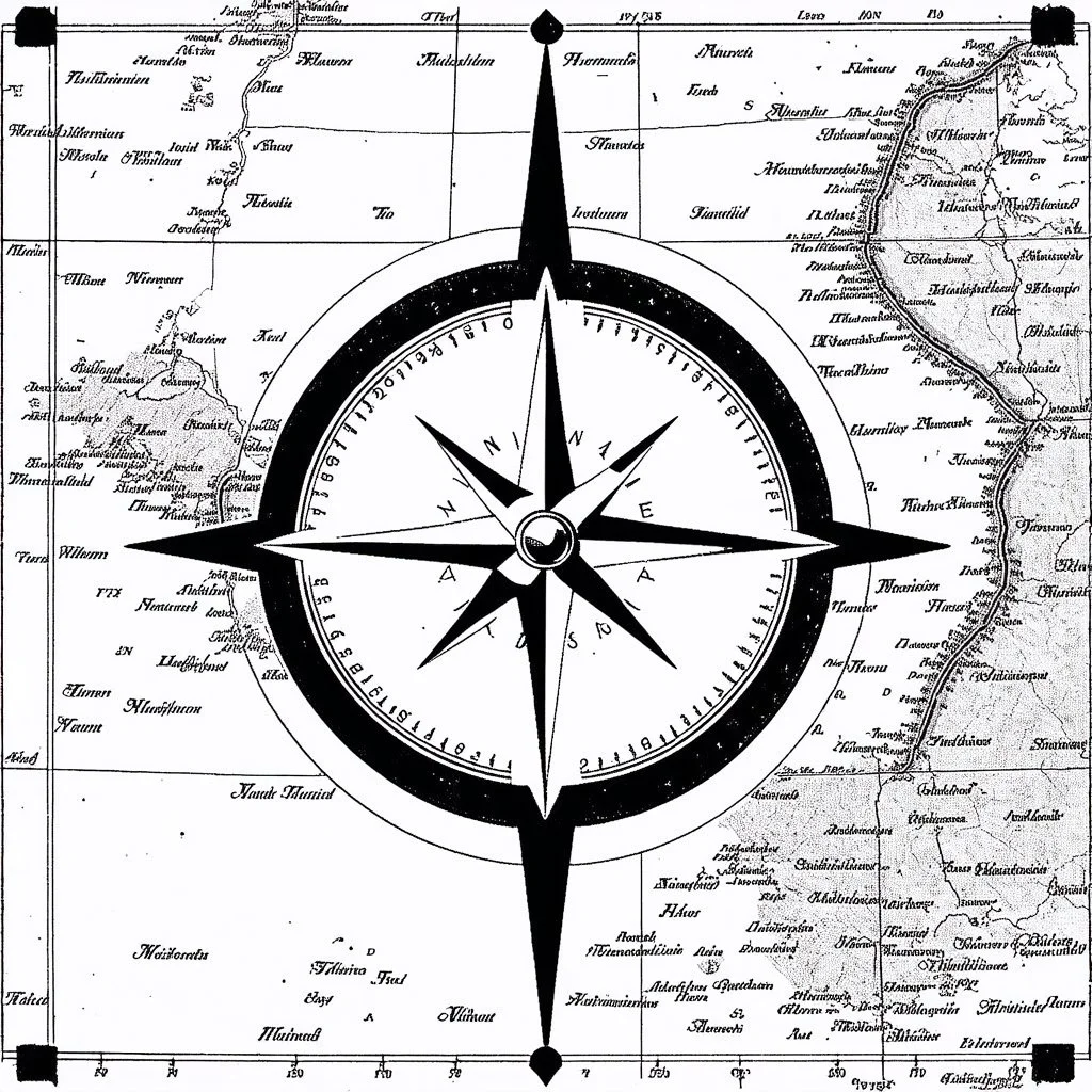 compass directional indicator found on maps, antique ornamental etched, black on white